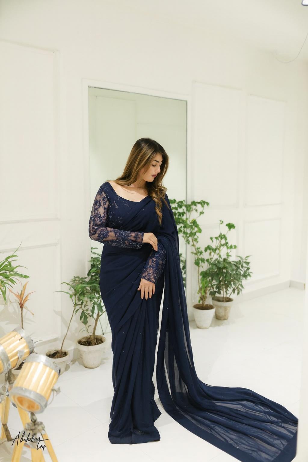 Chiffon Hand Embroidered Stitched Saree